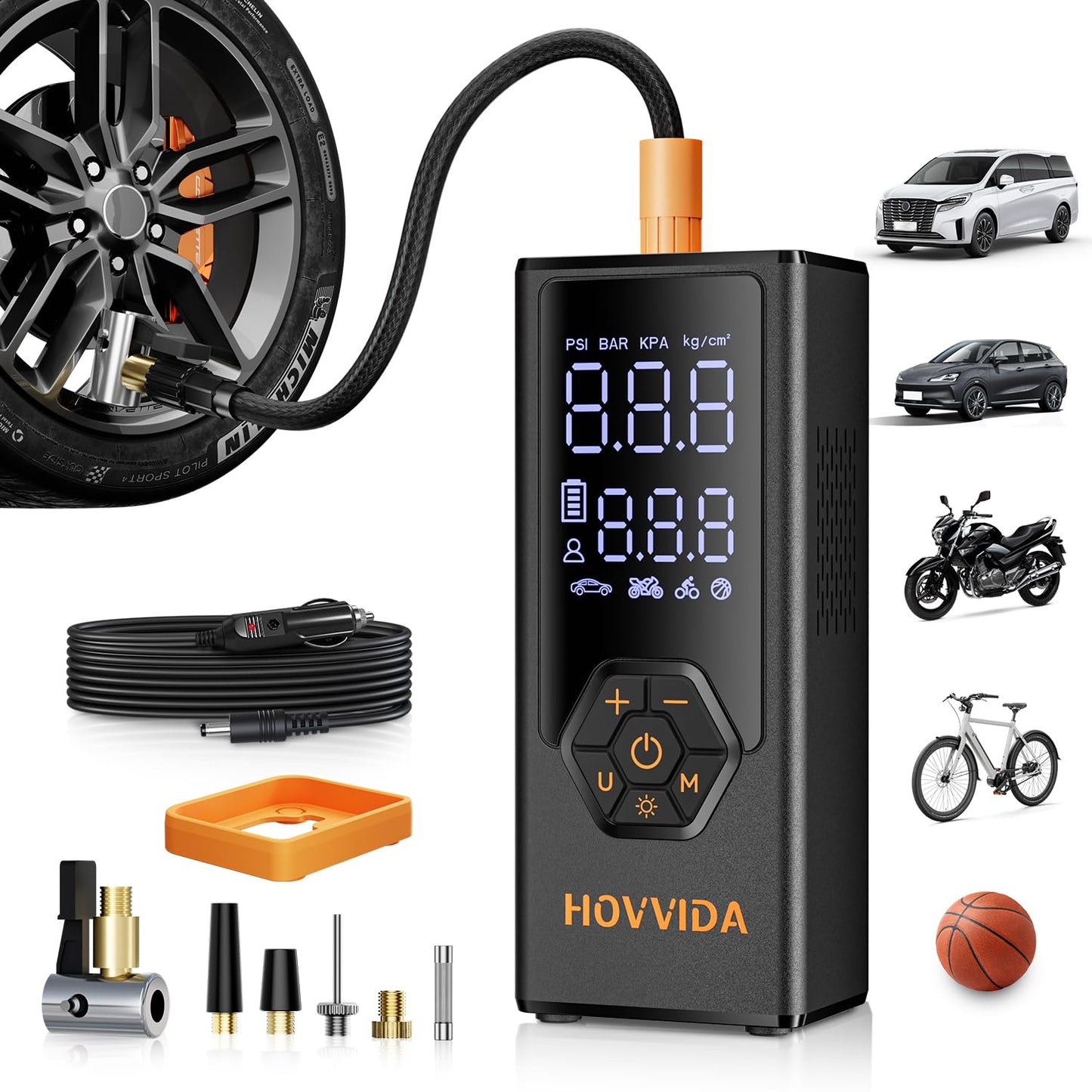 HOVVIDA Tire Inflator Portable Air Compressor, Air Pump for Car Tires, 7800 mAh Battery, 12V DC, 150 PSI, 40L/min Air Flow, Fast