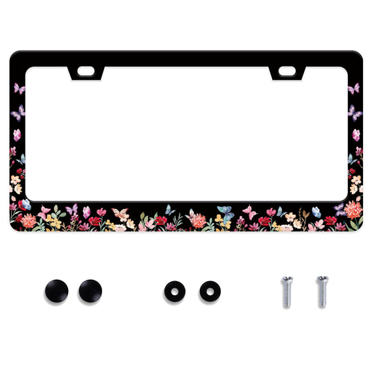 Butterfly Flower License Plate Frame Forest Flower Stainless Steel License Plate Frame Auto Parts Decoration with Screws License