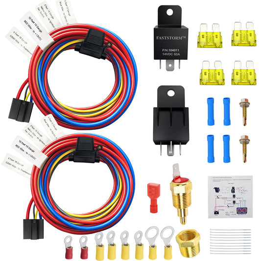 FASTSTORM Dual Electric Fan Relay Kit Electric Radiator Fan Kit Temperature Sensor Switch 185 On 175 Off Automotive Wiring Kit 6